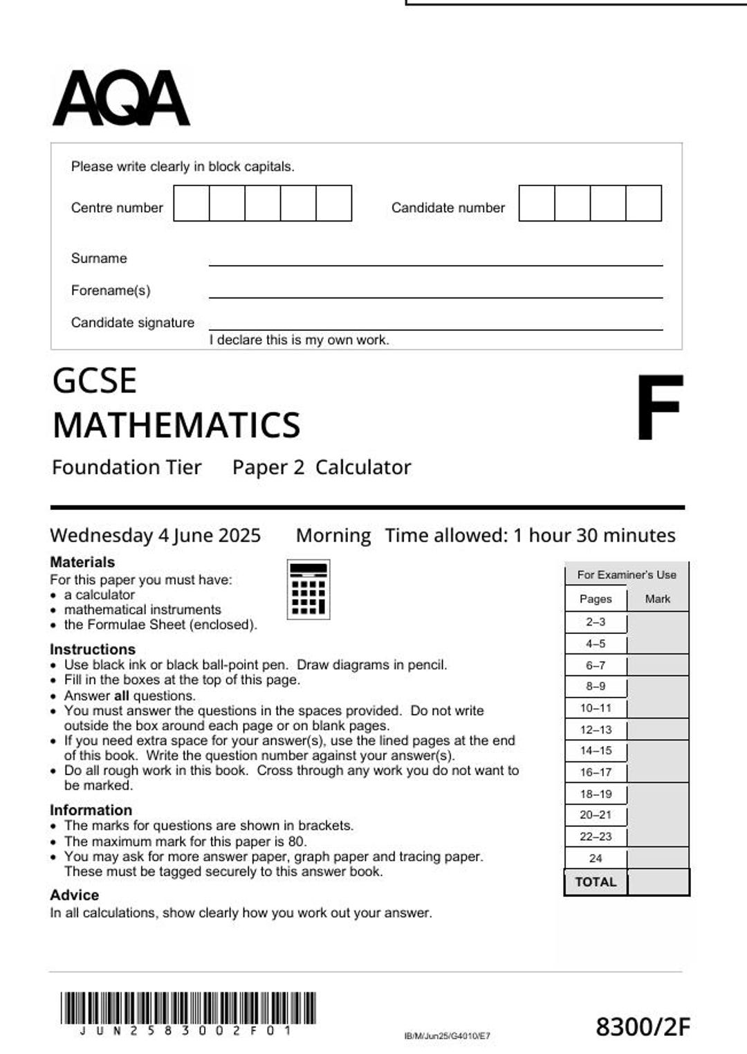 2025 AQA GCSE Mathematics Foundation Tier Paper 2 + Mark Scheme ...
