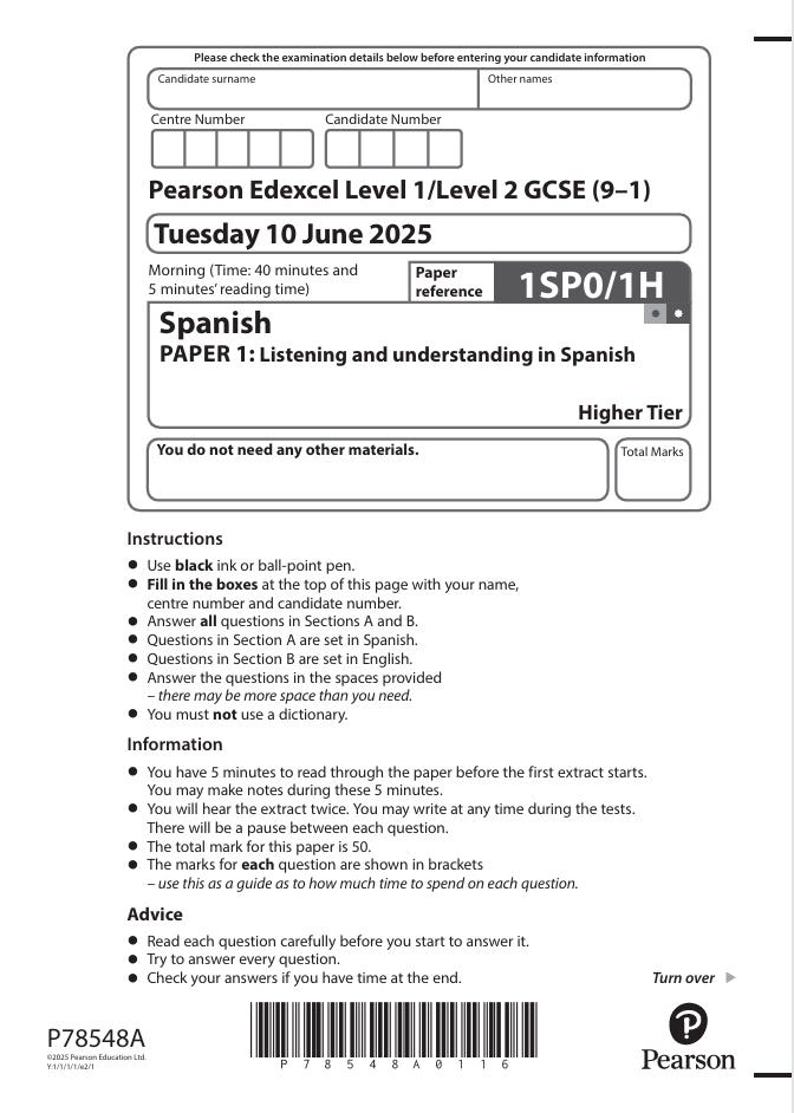 2025 Pearson Edexcel Gcse Spanish Paper 1 and Mark Scheme Combined 1spo ...