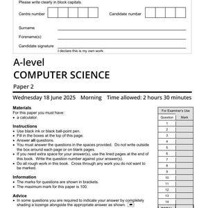 Può includere: Traccia d'esame di Informatica di livello A, Carta 2. Il documento include istruzioni, informazioni e consigli per l'esame. L'esame è previsto per mercoledì 18 giugno 2025 e dura 2 ore e 30 minuti. È richiesta una calcolatrice.