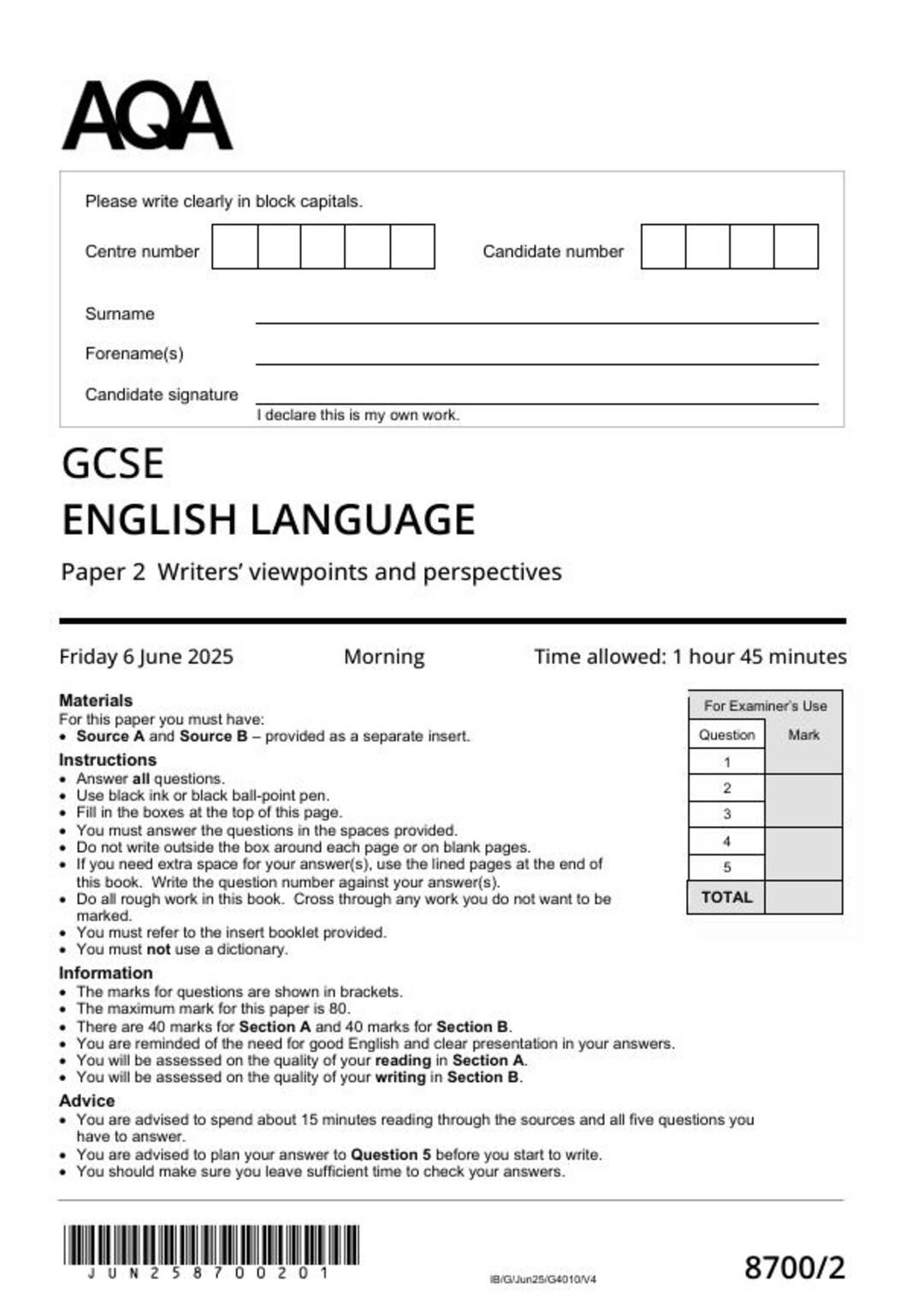 2025 AQA GCSE English Language Paper 2 + Mark Scheme Writers ...
