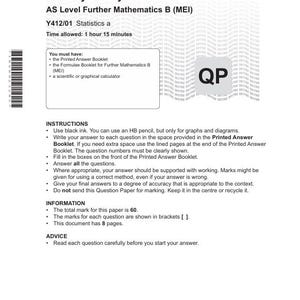Op de afbeelding: Een gedrukt examenpapier van OCR voor AS Level Further Mathematics B (MEI), gedateerd 20 mei 2025. Het papier bevat instructies, informatie en advies voor studenten. Het totale aantal punten voor dit papier is 60.