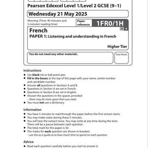 2025 Pearson Edexcel GCSE Francés Documento 1 y Esquema de calificación combinado 1fr0 1H