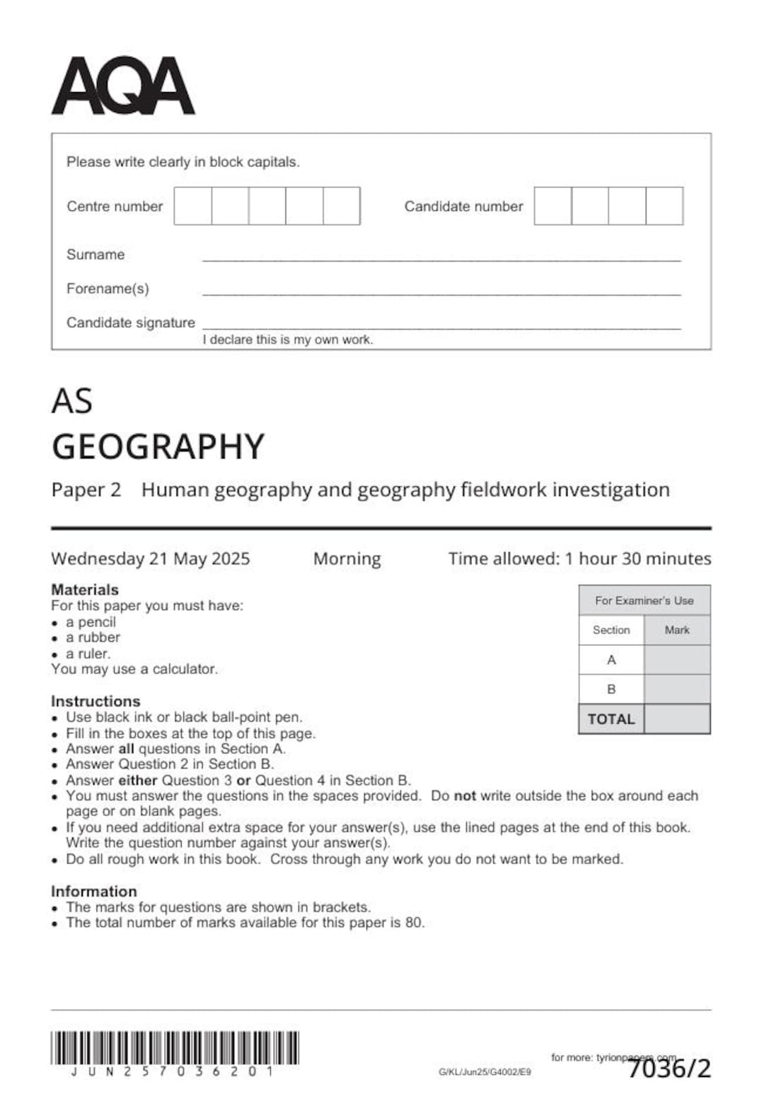 2025 AQA AS Level Geography Paper 2 and Mark Scheme Combined 7036 2 - Etsy