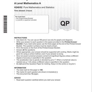 May include: A printed exam paper for A Level Mathematics A, dated June 12, 2025. The paper includes instructions, information, and advice for the exam. The total mark is 100, and the document has 12 pages.