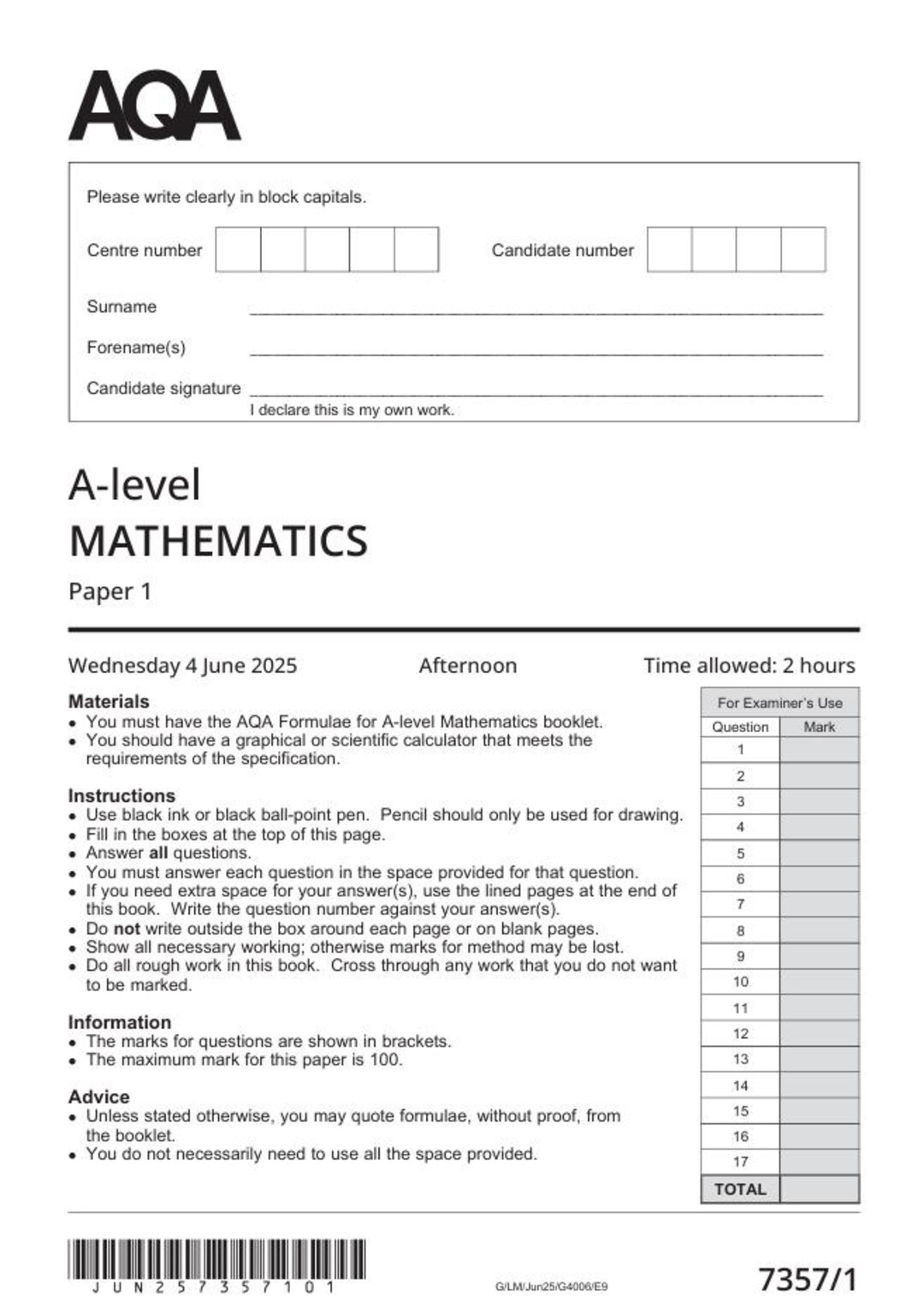 2025 AQA A Level Mathematics Paper 1 and Mark Scheme Combined 7357 1 - Etsy