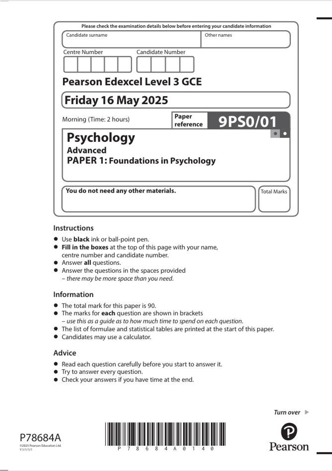 2025 Pearson Edexcel A Level Psychology Paper 1 and Mark Scheme ...