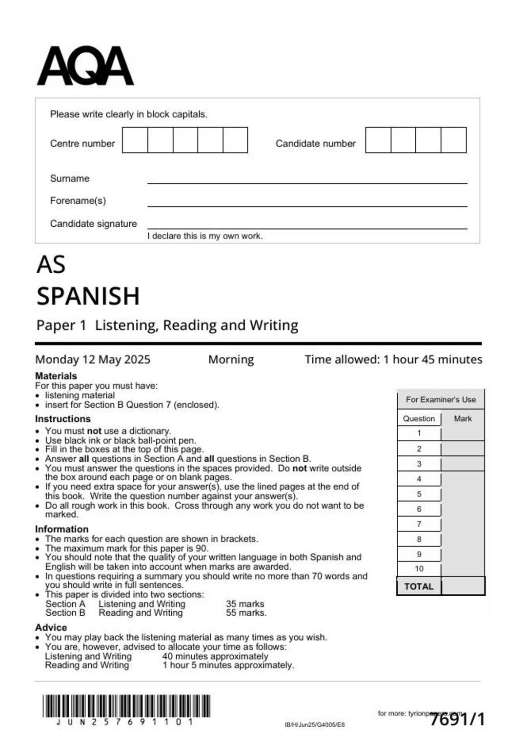 2025 AQA AS Level Spanish Paper 1 and Mark Scheme Combined 7691 1 - Etsy
