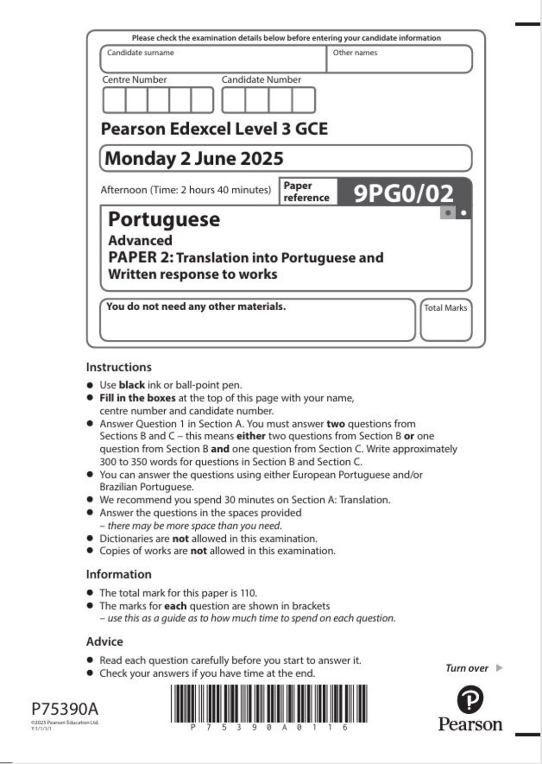2025 Pearson Edexcel A Level Portuguese Paper 2 and Mark Scheme ...
