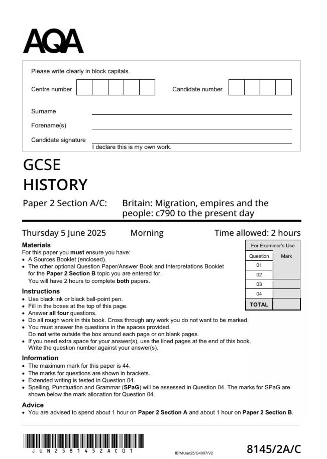 2025 AQA GCSE History Paper 2 + Mark Scheme Britain: Migration, Empires ...