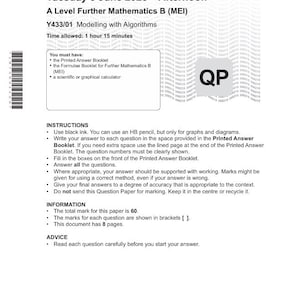Könnte beinhalten: Ein gedrucktes OCR-Prüfungsdokument für A Level Further Mathematics B (MEI) vom 3. Juni 2025. Es enthält Anweisungen, Informationen und Ratschläge. Die Gesamtpunktzahl beträgt 60, und das Dokument hat 8 Seiten.