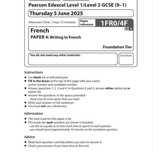 Puede incluir: Un examen escrito de francés con el logotipo de Pearson Edexcel Level 1/Level 2 GCSE (9-1). El documento incluye instrucciones, información y consejos para el examen de escritura.