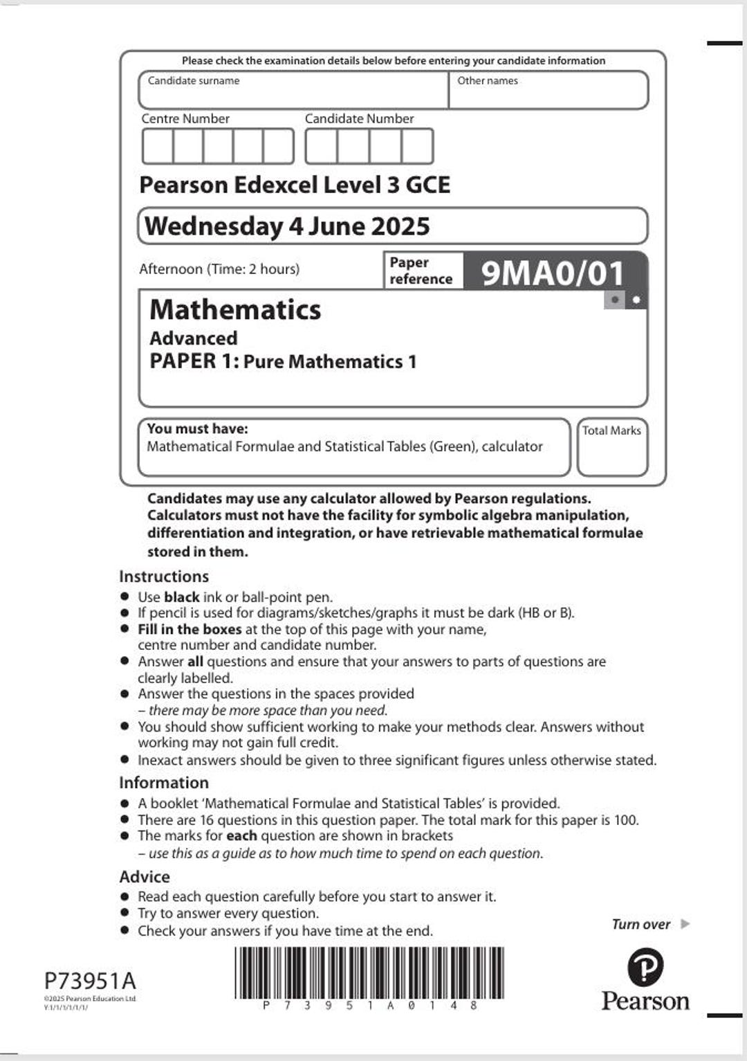 2025 Pearson Edexcel A Level Mathematics Paper 1 and Mark Scheme ...