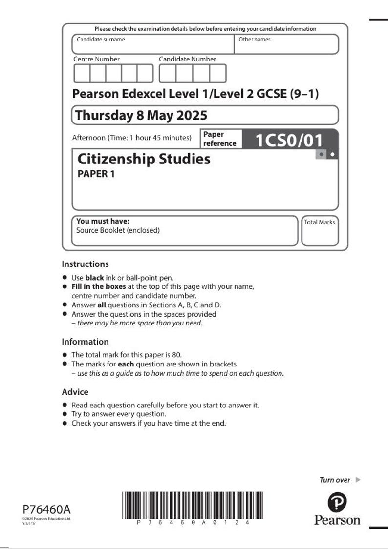 2025 Pearson Edexcel Gcse Citizenship Studies Paper 1 and Mark Scheme ...