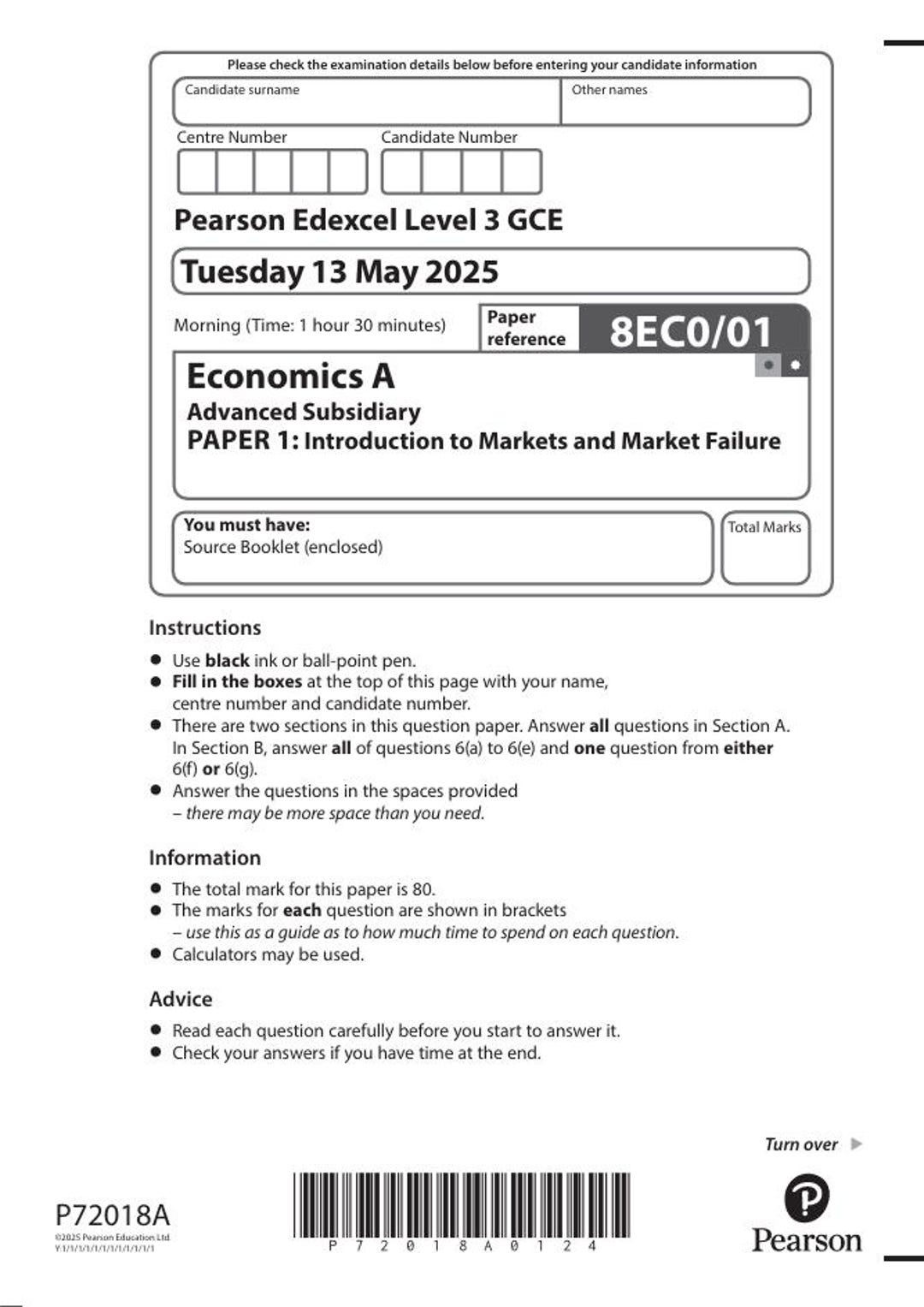 2025 Pearson Edexcel AS Level Economics a Paper 1 and Mark Scheme ...