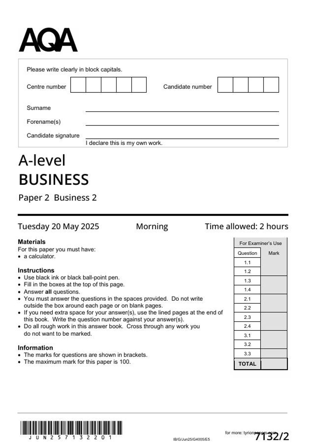 2025 AQA A Level Business Paper 2 and Mark Scheme Combined 7132 2 ...