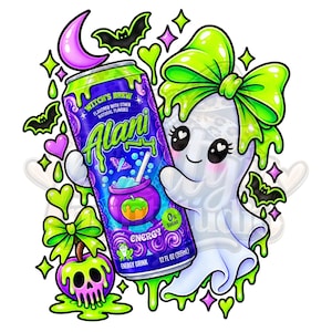 Może przedstawiać: Cyfrowa ilustracja przedstawiająca fioletową puszkę napoju energetycznego Alani Nu Witch's Brew z napisem 355ml, trzymaną przez białego ducha z dużą limonkową kokardą. Zawiera jabłko w kształcie czaszki, nietoperze, serca i gwiazdki w neonowych barwach.