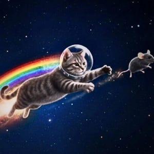 Digitaltryck av astronautkatt, regnbågsrymddekor för anteckningsböcker och väggposters, redo att skrivas ut i PDF