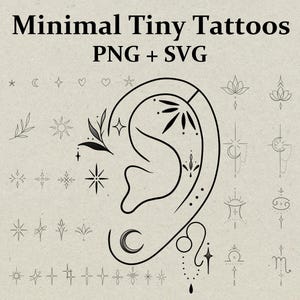 May include: A digital illustration featuring a collection of minimal tiny tattoo designs. The designs include stars, moons, floral elements, and geometric shapes. The text "Minimal Tiny Tattoos PNG + SVG" is at the top of the image.