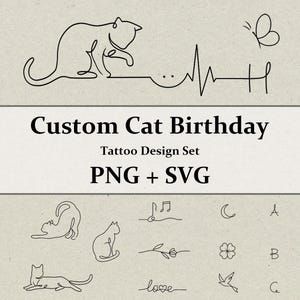 Ensemble de tatouage d'anniversaire de chat personnalisé | Dessin au trait minimal (PNG SVG)