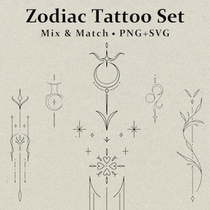 Celestial Zodiac Tattoo Set | Fine Line Minimal Tattoo Designs PNG SVG