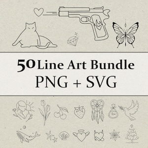 50 Minimal Line Art Bundle | Fine Line Tattoo & Stencil Designs | PNG SVG Clipart Set
