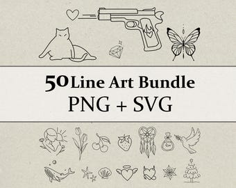 50 Minimal Line Art Bundle | Fine Line Tattoo & Stencil Designs | PNG SVG Clipart Set
