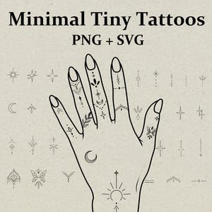 May include: Minimal Tiny Tattoos PNG + SVG. An illustration of a hand featuring small tattoo designs, such as stars, moons, and floral patterns. The designs are in black ink on a beige background. The text "Minimal Tiny Tattoos" is at the top.
