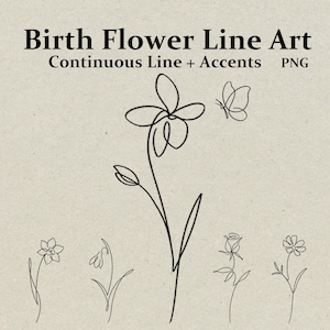 Geburtsblume Line Art Set · 12 Minimal Blumen + Akzente · Tattoo Stempel PNG