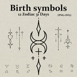 Może przedstawiać: Cyfrowa grafika z tekstem Birth symbols, 12 Zodiac 31 Days oraz (PNG+SVG). Obraz przedstawia czarne rysunki liniowe motywów niebieskich, w tym półksiężyce, gwiazdy i krzyże, wraz z dwunastoma małymi symbolami znaków zodiaku.