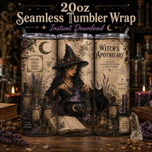 May include: A 20oz seamless tumbler wrap design featuring a witch in a pointed hat stirring a cauldron with a black cat nearby. The beige background includes text reading Witch's Apothecary, Potions, Tonics, Elixirs, Spells, and various botanical illustrations in shades of purple, black, and brown.