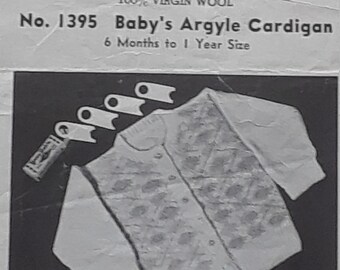 Vintage Mail Order Pattern-Nun's Mothproof Yarn Outfit Design #1395 Baby's Argyle Cardigan (6 mos. to 1 yr.)