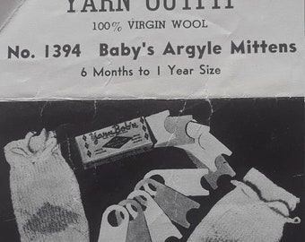 Vintage Mail Order Pattern-Nun's Mothproof Yarn Outfit Design #1394 Baby's Argyle Mittens (6 mos. to 1 yr.)