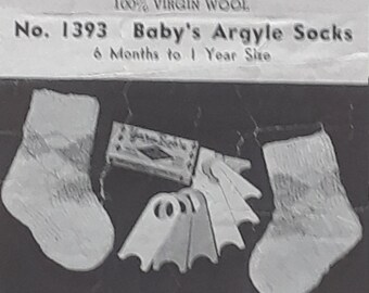 Vintage Mail Order Pattern-Nun's Mothproof Yarn Outfit Design #1393 Baby's Argyle Socks (6 mos. to 1 yr.)