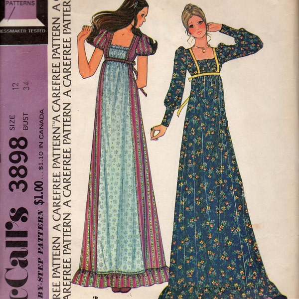 Cut Vintage McCalls 3898 Boho Maxi Peasant Long Dress 1973  Size 12  Bust 34
