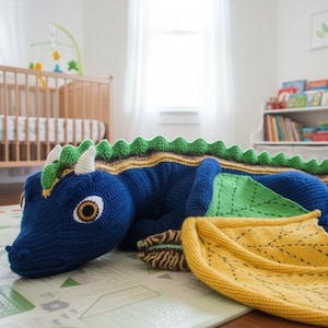Könnte beinhalten: Ein großer, handgefertigter blauer Häkeldrache mit grünen und gelben Akzenten. Der Drache hat einen detaillierten Kopf, Flügel und einen langen Schwanz. Der Drache liegt auf einem gemusterten Teppich in einem Kinderzimmer.