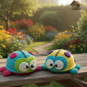 Könnte beinhalten: Zwei handgefertigte Käfer-Spielzeuge aus Häkelarbeit in leuchtenden Farben liegen auf einem Holztisch. Eines ist türkis mit rosa Punkten, das andere gelb mit lila Punkten. Beide haben große, weiß umrandete Augen, vor einem verschwommenen Gartenhintergrund.