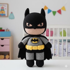 Könnte beinhalten: Handgemachte Batman-Puppe aus Häkelarbeit. Die Puppe hat eine schwarze Kapuze, einen Umhang und Stiefel, mit einem grau-schwarzen Anzug. Der Gürtel ist gelb und die Brust hat ein gelbes Fledermaussymbol.