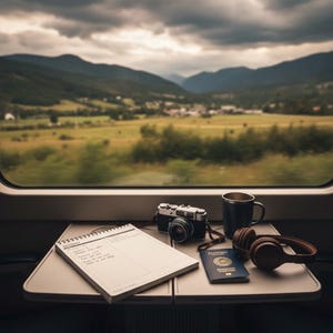 Könnte beinhalten: Ein Zuginnenraum mit Blick auf Berge und einen bewölkten Himmel. Ein Notizblock, eine Kamera, ein Reisepass, eine Tasse und Kopfhörer liegen auf einem Tablett. Die Szene deutet auf Reisen und Freizeit hin.