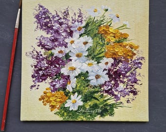Cornflowers Chamomile Daisies Oil Painting Original : Summer Meadow Still Life, 6x6 in, Small Oil Painting, Joyful Art, Gift for Her