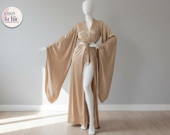 シルクサテンの着物ローブ｜結婚式準備用ガウン｜ゆったりとしたラウンジウェアバスローブ｜大きな袖のホームウェアナイトガウン｜女性用ソフトドレス