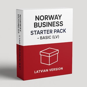 May include: A rectangular box with a white top and red bottom. The box has the text "NORWAY BUSINESS STARTER PACK - BASIC (LV)" and "LATVIAN VERSION". A white line drawing of a box is also on the front.