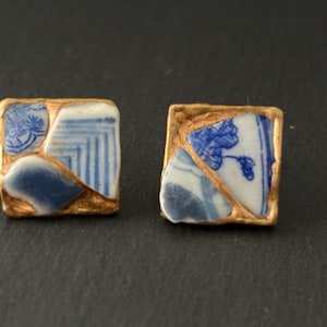 Kintsugi Porcelain pierces – Sea Pottery Jewelry, Blue & White Ceramic, Surgical Stainless Steel, Japanese Inspired Gift