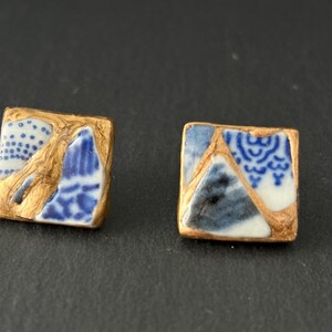 Kintsugi Yōraku Jewel Pattern Porcelain Earrings – Sea Pottery, Blue & White Ceramic, Japanese Good Fortune, Surgical Stainless Steel
