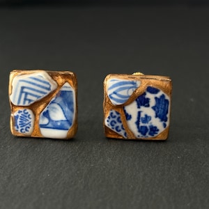 Kintsugi Porcelain Earrings – Imari Ware, Mijin Karakusa Pattern, Sea Pottery Jewelry, Blue & White Ceramic, Surgical Stainless Steel