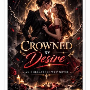 May include: Digital book cover for "Crowned by Desire," an Omegaverse WLW novel. The image features two women, one in a black suit and the other in a red dress, with the title in gold script. Roses, chains, and a crown are also visible.