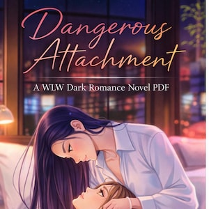 Op de afbeelding: Digitale boekomslagkunst voor "Dangerous Attachment", een WLW Dark Romance roman. De afbeelding toont twee vrouwen in een slaapkamer. Eén met donker haar kijkt naar de ander met bruin haar. De tekst "Dangerous Attachment" staat bovenaan.