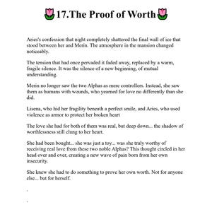 May include: A page from a book with the title "17. The Proof of Worth" at the top, decorated with pink flower graphics. The text describes a story about relationships and self-worth.