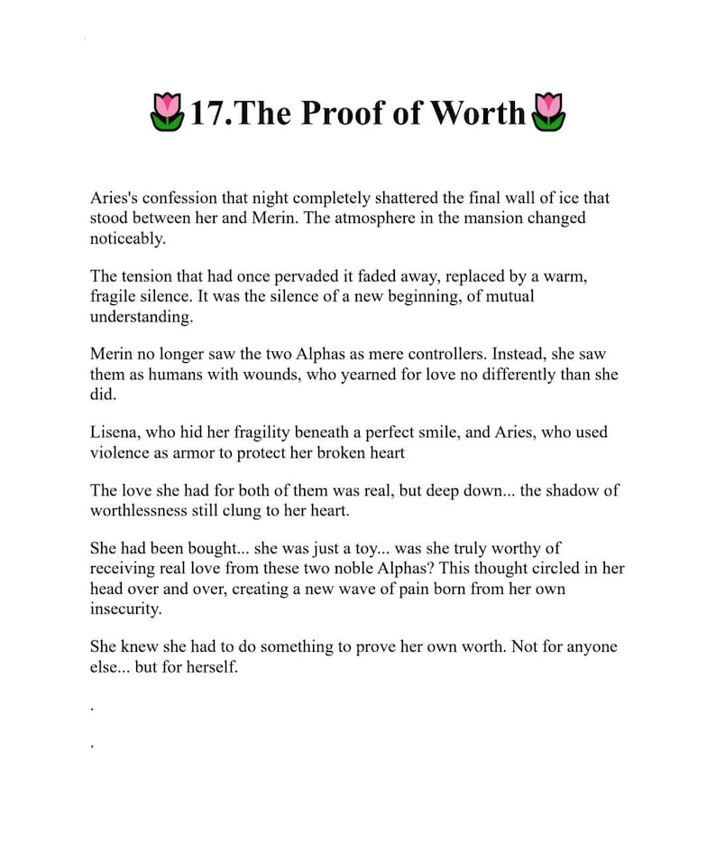 May include: A page from a book with the title "17. The Proof of Worth" at the top, decorated with pink flower graphics. The text describes a story about relationships and self-worth.