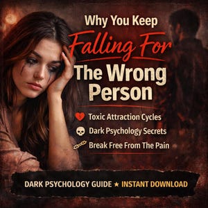 Puede incluir: Portada de libro con el título "Why You Keep Falling For The Wrong Person". La imagen presenta a una mujer con lágrimas y texto sobre ciclos de atracción tóxicos y secretos de psicología oscura. También dice "Descarga instantánea".