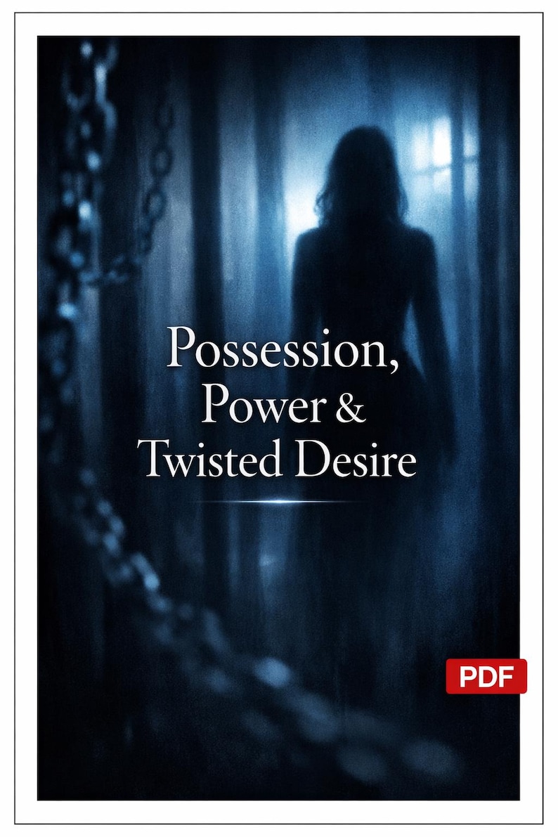 May include: A digital book cover with a dark, atmospheric design. The title "Possession, Power & Twisted Desire" is displayed in white text. A silhouetted figure stands in a blurred, blue-toned background, with chains in the foreground.